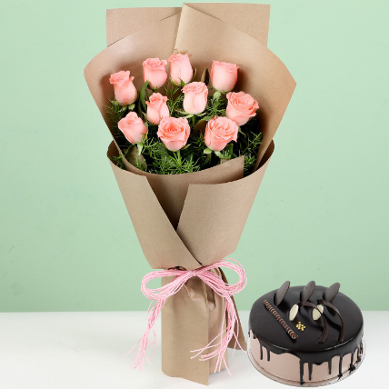 10 Pink Roses Chocolate Cream Cake: Flowers And Cake Delivey