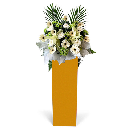 Alluring Mixed Flowers Arrangement In Brown Stand: Flower Stands