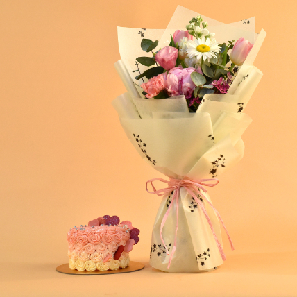 Beautiful Mixed Flowers Bouquet & Floral Heart Choco Cake: Flower N Cakes For Anniversary