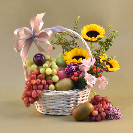 Beautiful Mixed Flowers & Fruits Basket: 