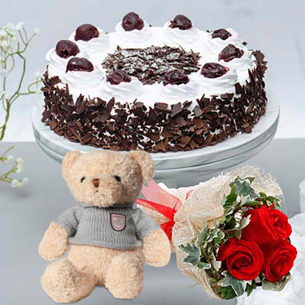 Black Forest Cake & Romantic Roses Teddy Combo: Flowers and Teddy Bears