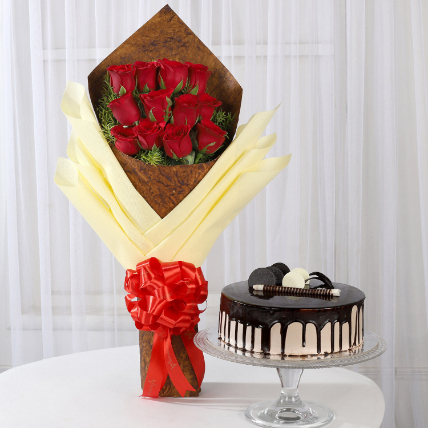 Bouquet of 12 Red Roses & Chocolate Cake: Flowers And Cake Delivey