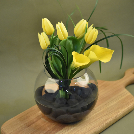 Bright Tulips & Lilies Fish Bowl Vase: New Born Flowers