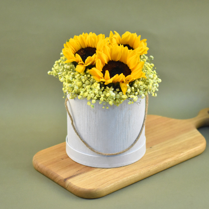 Cheerful Sunflowers & Baby Breath Box Arrangement: 