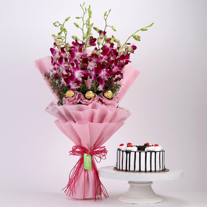 Chocolaty Orchids Bouquet & Black Forest Cake: Flowers With Cake 