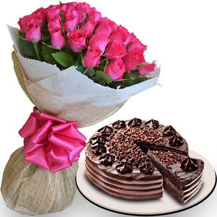 Delicious Cake And Pink Flowers Combo: Flower N Cakes For Anniversary