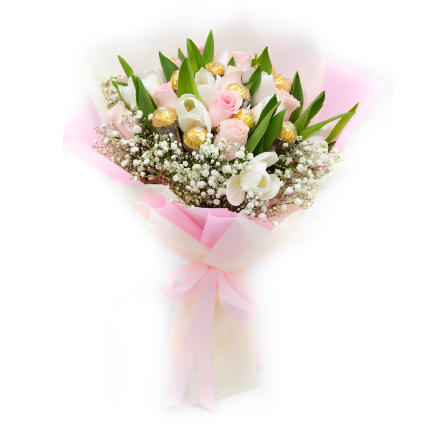 Delightful Flowers & Ferrero Rocher Bouquet: Flower N Chcocolates For Anniversary