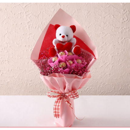 Ferrero Bouquet With Teddy: Gifts for Valentines Day