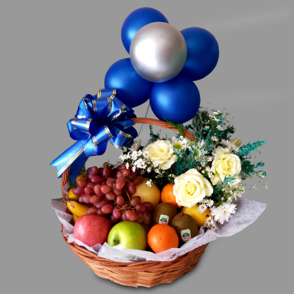 Fruits With Flowers And Balloons: Gift Hampers 