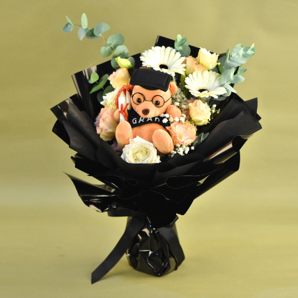 Graduation Teddy & Mixed Flowers Premium Bouquet: Flowers with Teddy Bears