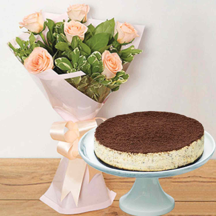 Hopeful Peach Roses Posy & Oreo Cheesecake: Flowers And Cake Delivey