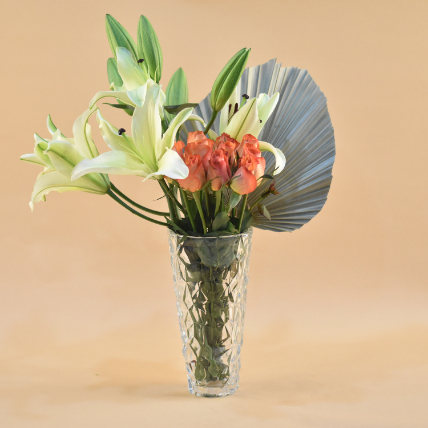 Lilies & Roses Designer Glass Vase: Lilies Flowers