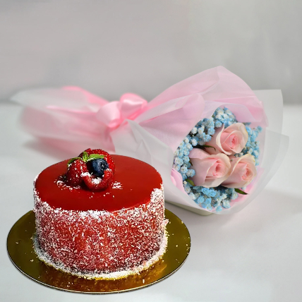 Lovely Pink Rose Baby Breath Bouquet With Mini Mousse Cake: Combos Gift