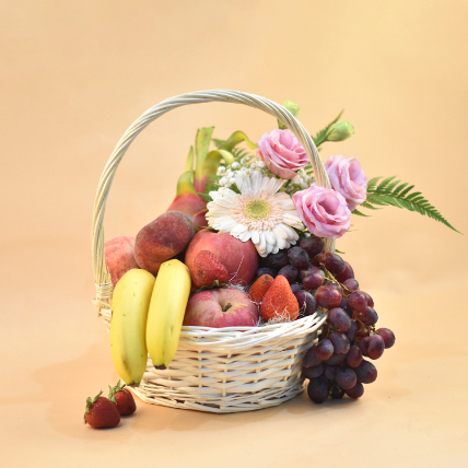 Mixed Flowers & Assorted Fruits Round Basket: 