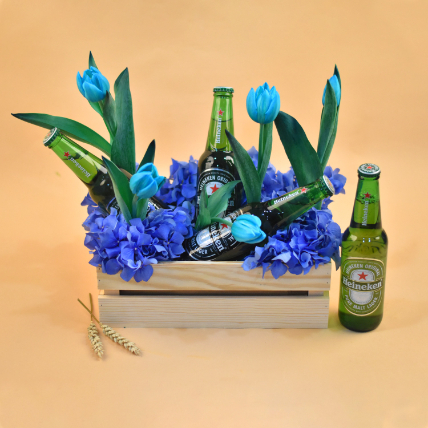 Mixed Flowers & Beer Wooden Crate: Combos Gift