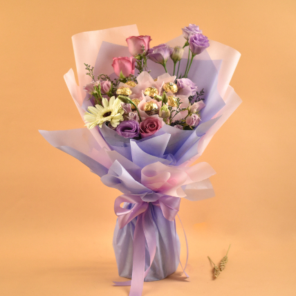 Mixed Flowers & Ferrero Rocher Bouquet: Chocolates 