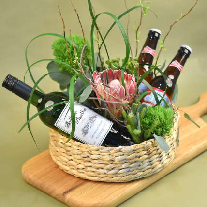 Mixed Flowers & Wine Basket: Gift Combos 