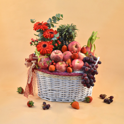 Mixed Red Flowers & Assorted Fruits Oval Basket: 