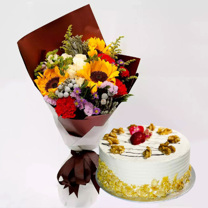 Mocha Cake and Beautiful Floral Bouquet: Flower N Cakes For Anniversary