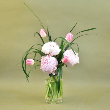 Peony & Tulip Cylindrical Vase: Tulip Flowers Delivery