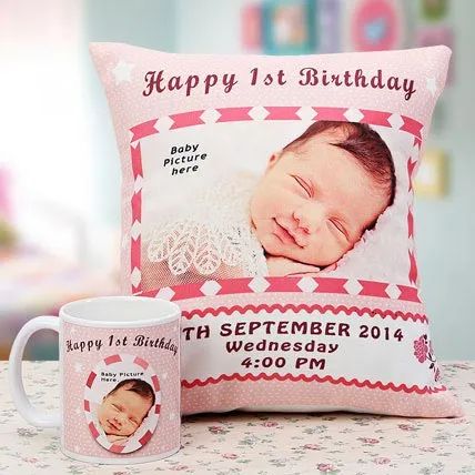 Personalised Happy 1st Birthday Cushion And Mug Combo: 