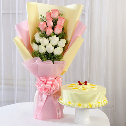 Pink & White Roses & Butterscotch Cake: Gift Combos 