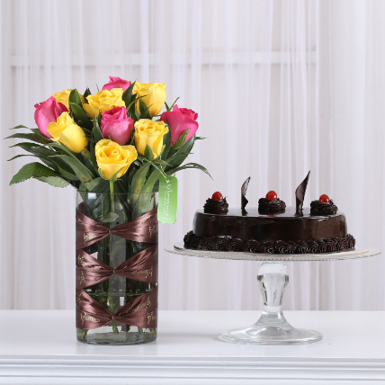 Pink & Yellow Roses Vase with Truffle Cake: Flowers And Cake Delivey