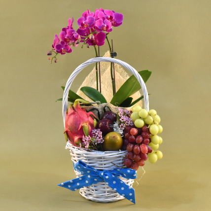 Purple Orchids & Assorted Fruits Basket: 