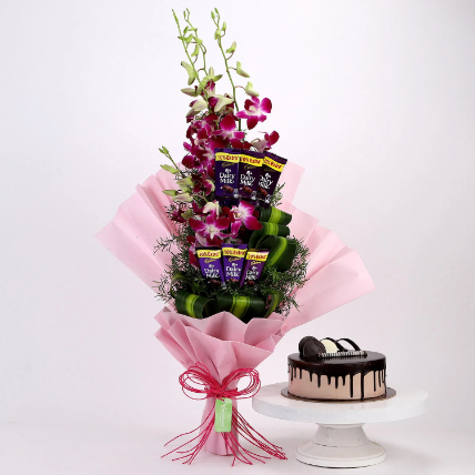 Purple Orchids Posy & Chocolate Cake: Flowers With Chocolates 