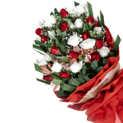 Red And White Roses Beautifully Tied Bouquet: Premium Flowers 