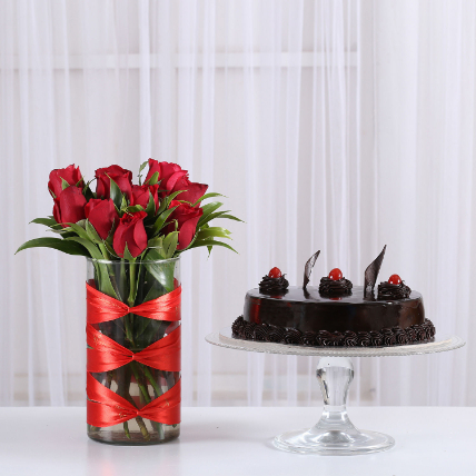 Red Roses Vase & Truffle Cake Combo: Flowers With Cake 