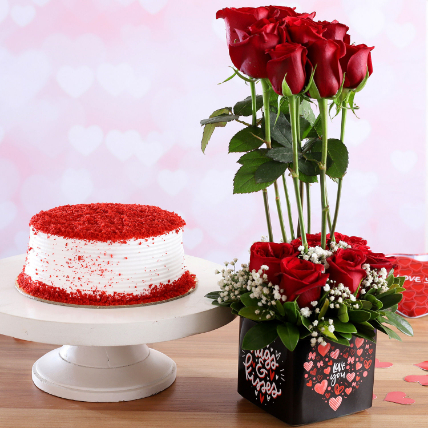 Red Velvet Cake Love You Red Roses Combo: Flowers And Cake Delivey