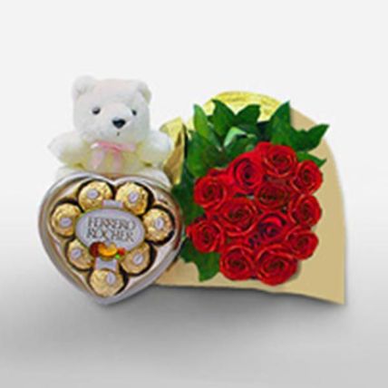 Rose Bunch With Teddy And Chocolates: Flowers with Teddy Bears