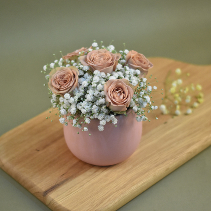 Roses & Baby Breath Designer Vase: Women's Day Gifts