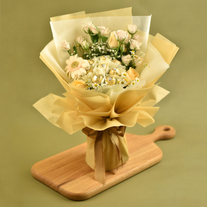 Serene Mixed Flowers & Ferrero Rocher Bouquet: Chocolates For Birthday