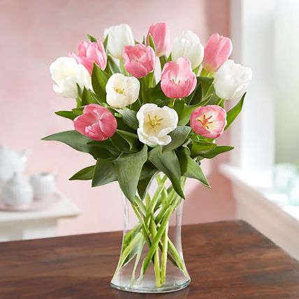 serene mixed tulips glass vase arrangement: Tulip Flowers Delivery