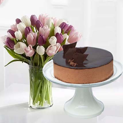 Soft Coloured Tulips & Divine Chocolate Cake: Flowers And Cake Delivey