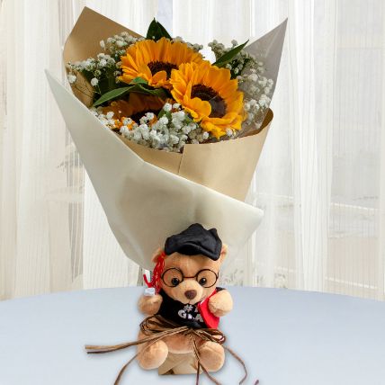 Sunflower Bouquet With Cute Teddy: Flower Bouquets 