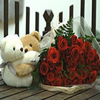 Two Dozen Twin Hearts: Flowers with Teddy Bears