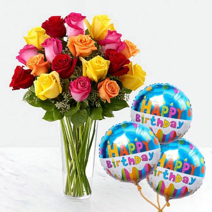 Vivid Roses Bunch With Birthday Balloon: 