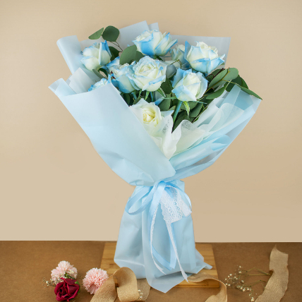 Beautifully Tied Blue Roses Bouquet 6 Stems: 