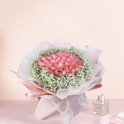 Ravishing Pink Flowers Beautifully Tied Bouquet: Flowers Malaysia
