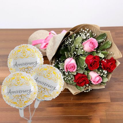 12 Sweet Roses Bunch With Anniversary Balloon