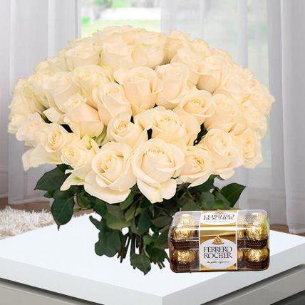 12 White Roses Bunch And Ferrero Rocher