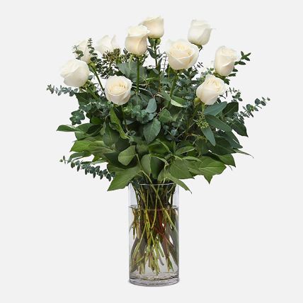 Bunch of 12 White Roses Glass Vase Arrangement