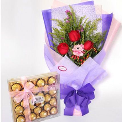 Cute Small Teddy With Roses And Chocolates