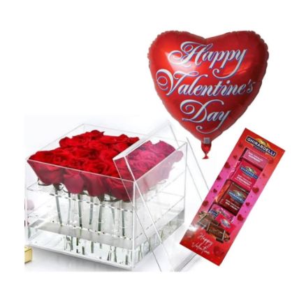 Happy VDay Red Rose Vase With Chocolates And Balloon