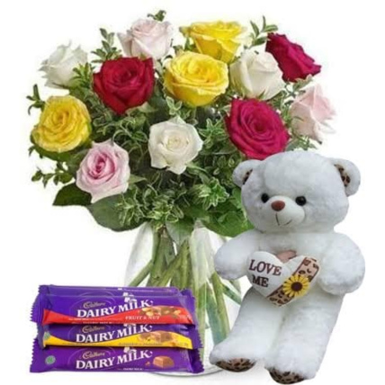 Mixed Roses With Chocolates And Teddy Bear