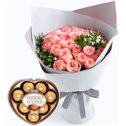 Pink Roses Bouquet And Ferrero Rocher