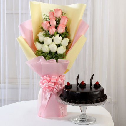 Pink & White Roses & Truffle Cake